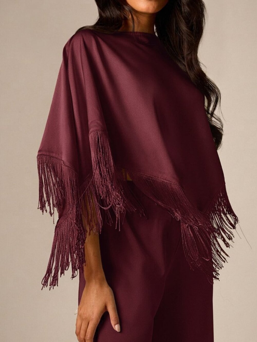 Burgundy Elegant Women's Fringe Trim Cape Top
